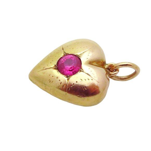 Vintage 14K Yellow Gold Starburst Design Heart with Ruby Charm Pendant - Picture 5 of 8